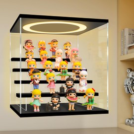 LANSCOERY Acrylic Display Case, Wall Mounted Lighted, 5 Tier, Black