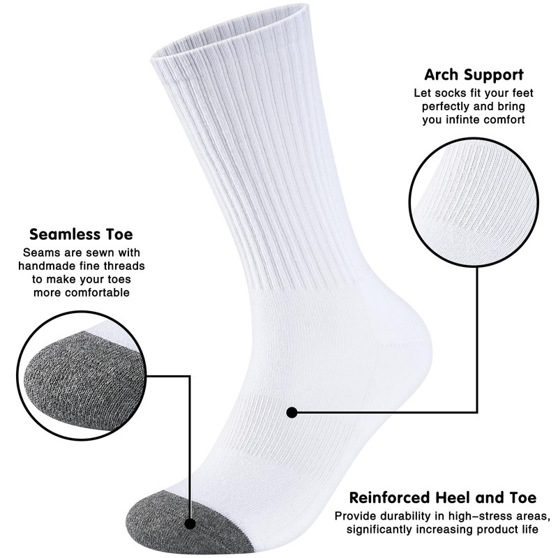 Monxiery Mens 100% Cotton Cushioned Crew Socks, Athletic Performance Moisture