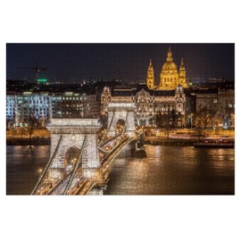 Night View of The Szechenyi Chain Bridge and Church St. Stephen's in Budapest Jigsaw Puzzles for Adults 1000 Pieces Wooden Puzzle Thick and Durable Puzzle DIY Home Decor