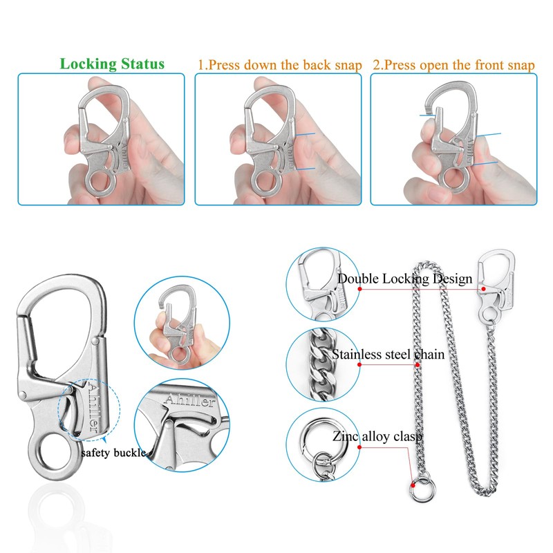 [Ahiller] Sturdy Wallet Chain, [Double Locking Carabiner, Stainless Steel Chain],