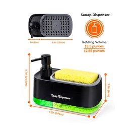 BUonline 3-in-1 Dish Soap Dispenser Set– Hand & Dish Soap Pump with Sponge Holder, Leak-Proof, BPA-Free, Easy to Use & Clean – Ideal for Kitchen Sink & Countertop (Black)