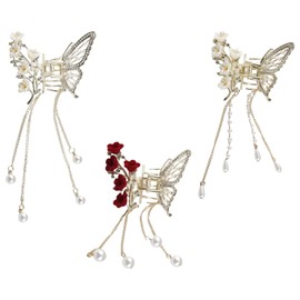 Tabanzhe 3 Pcs Butterfly Hair Claw Clips for Women,Non Slip Elegant Pearls Rhinestone Flower Hair Clips with Fringe,Silver Gold Metal Strong Hold Hairs Accessories for Medium Thick Hairs