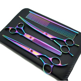 Kingstar 8.0in. Professional Pet Grooming Scissors Set,Titatium Plated Straight & Thinning & Curved Scissors Set with Comb,Dog Grooming,A563