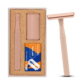 THURLADY Beige Safety Razor, Single Blade Razors for Women and Men, Reusable Metal Razor, with 5 Stainless Steel Double Edge Blades, Smooth Close Shave, Sustainable, Plastic Free