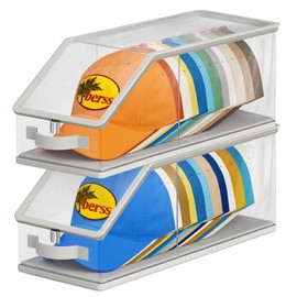 AOODA 2PCS Stackable Hat Storage for Baseball Caps, Clear Hat Organizer for Closet Holds up to 24 Caps, Men‘s Hat Box Display with Cardboard (Grey)