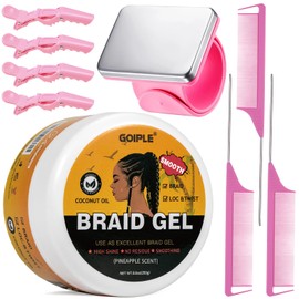 Smoothing Braiding Gel for Twists, Locs, Edges, Cornrows - With Hair Braiding Tools: Magnetic pin Wristband and Comb for Effortless Styling - No Flake, High Shine, Strong Hold, Tames Frizz (Pineapple）