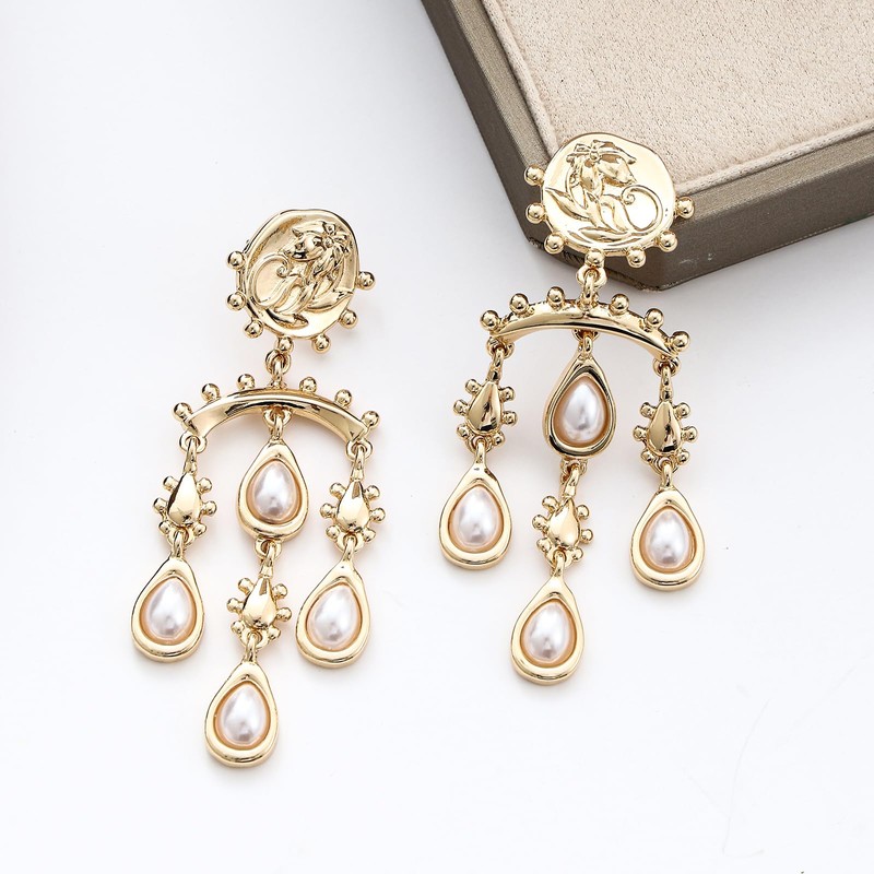 UPOWKA Vintage Pearl Drop Earrings, Gold Plated Chandelier Design with