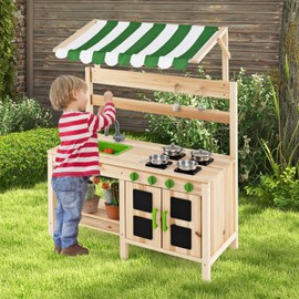 INFANS Mud Kitchen, Outdoor Play Kitchen with Awning Faucet Stoves Cooking Accessories Removable Sink Wooden Kids Kitchen Playset Backyard Garden Toys for Boys Girls Ages 3+