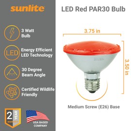 Sunlite 80023-SU LED PAR30 Short Neck Colored Wildlife Friendly Light Bulb, 3 Watts, (25W Equivalent), E26 Medium Base, 30,000 Hour Lifespan, Red 1 Pack