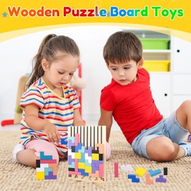 Wooden Stacking Puzzle Toy, 3d Montessori Wooden Stacking Puzzles Toy, Intelligence Colorful 3d Blocks With 10 Cards, Wood-Puzzle Board Geometric Builiding Toys For All Ages Idea For Gift