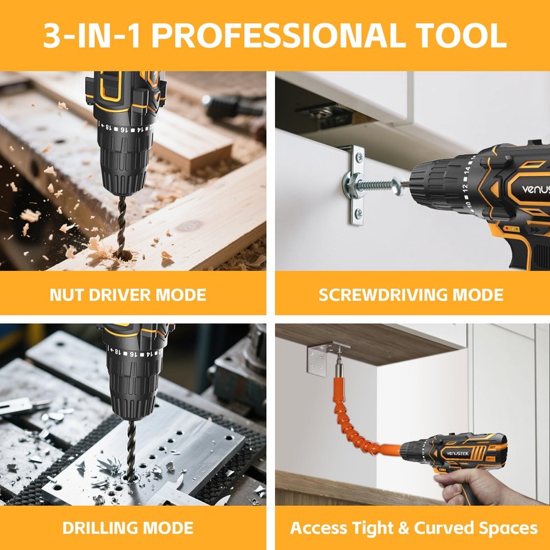 VENUSTEK Cordless Drill Set 12V Power Drill with Battery and