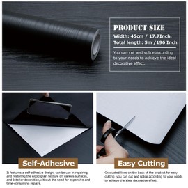 FEILAYS Black Wood Self Adhesive Paper Decorative Self-Adhesive Film Furniture Real Wood Tactile Sensation Surfaces Decorative for Furniture Cabinets and Drawers Countertops Waterproof 17.7'' x196''
