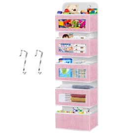 homyfort Over The Door Organizer, Hanging Baby Diaper Organizer for Nursery, Pink Wall Storage Organizer with 5 Large Pockets for Girls Room,Pantry,Dorm,Bathroom,Closet