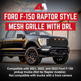 AMERICAN MODIFIED Front Grille Compatible with 2021-23 Ford F150, Replacement Mesh Grill w/DRL, w/o Camera Hole, Matte Black