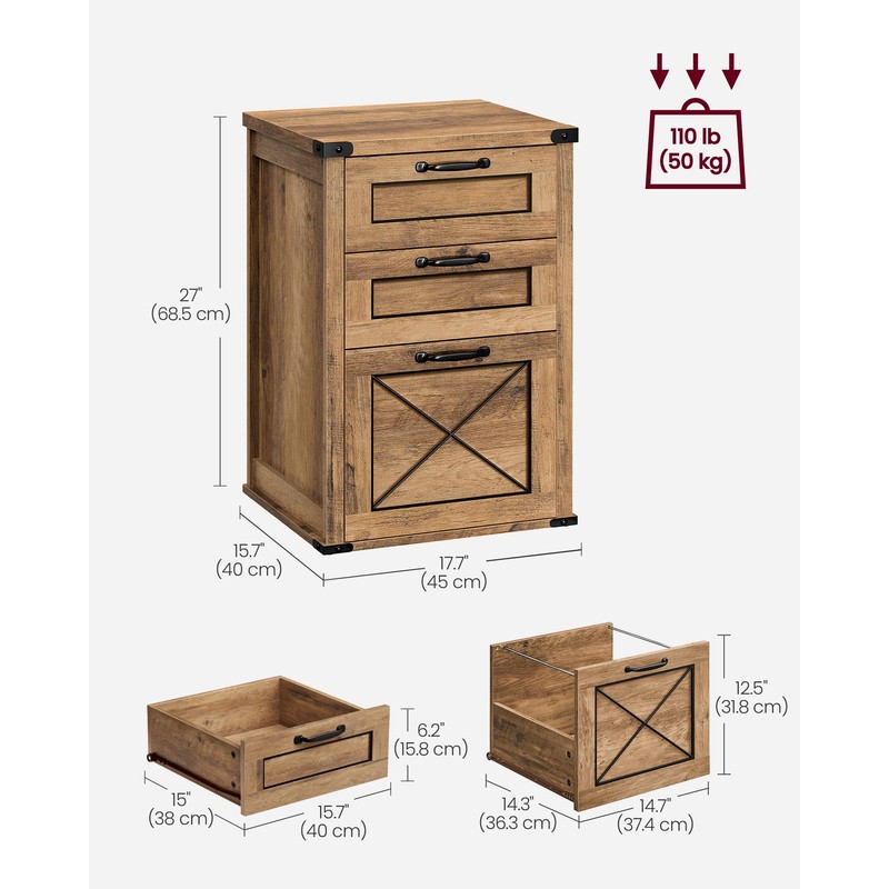 VASAGLE File Cabinet, Filing Cabinet with 3 Drawers, Printer Stand,
