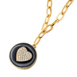 COOLSTEELANDBEYOND Gold Link Chain Choker Necklaces Statement Pendant with Rhinestones Zirconia Pave Heart of Black Enamel, Black enamel, Cubic Zirconia