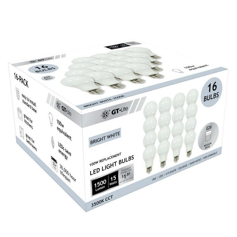 GT-Lite 16 Pack LED Light Bulbs,100 Watt Equivalent,15 Watt 3500K