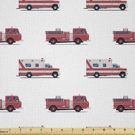Lunarable Fire Truck Fabric by The Yard, Pattern of The Fire Engines and Ambulances Security Safety and Rescue Vehicles, Microfiber Fabric for Arts and Crafts Textiles & Decor, 2 Yards, Ruby