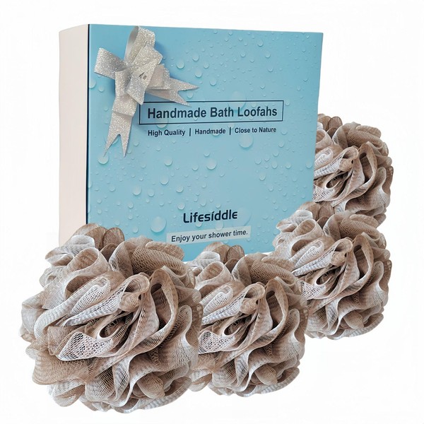 Lifesiddle Loofah-Bath Sponge Set-Large, 4 Pack Bath Scrubbers, Soft Mesh