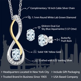 Gem Stone King 925 Sterling Silver and 10K Yellow Gold Sky Blue Aquamarine and White G-H Lab Grown Diamond Infinity Pendant and Earrings Jewelry Set For Women (1.57 Cttw, with 18 Inch Chain)