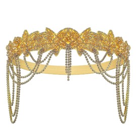 1920s Flapper Girls’ Headband, Roaring 20s Beaded Vintage Hairband with Chain, Great Gastby Fashion Headpiece for Parties Prom Women Showgirl (HD6092gold)