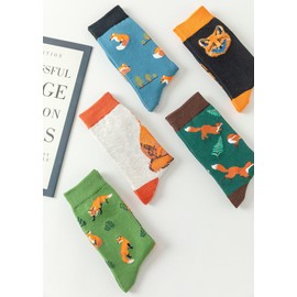 Angelteers 5 Pairs Cute Animal Crew Socks Fun Casual Cotton Calf Socks for Women (US, Alpha, One Size, Regular, Regular, Fox)