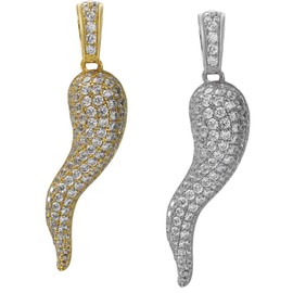 HarlemBling Solid 925 Sterling Silver - Natural Or 14k Gold Finish - Italian Lucky Horn Cornicello Pendant - Large 2" Iced Hip Hop Piece Great For Any Necklace (14k Yellow Gold)