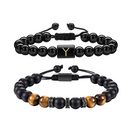 ZENGSING Men's Pearl Bracelet, Set of 2, Tiger's Eye Stone Bracelet, Obsidian Letter Bracelet, Adjustable Yoga Bead Bracelets, Partner Bracelets with Natural Stone Beads, Gift for Men, Stainless Steel