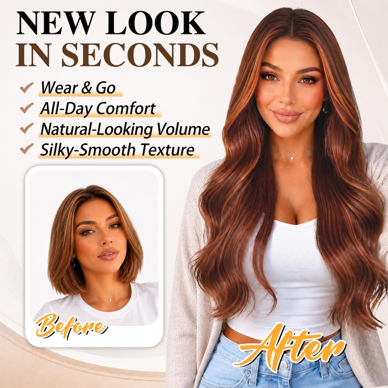 Copper Auburn Highlights Wig for Women,26 inch Long Wavy Wig