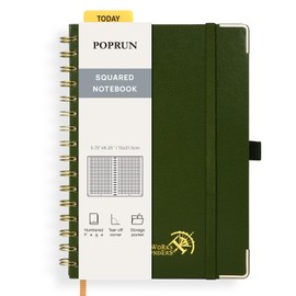 POPRUN Graph Paper Spiral Journal Notebook [A5-5.75'' x 8.25''] - 120 GSM Thick Paper, 141 Numbered Pages, Grid Notebooks for Men & Women with Pocket, Index Tabs, 8 Perforated Sheets, Olive