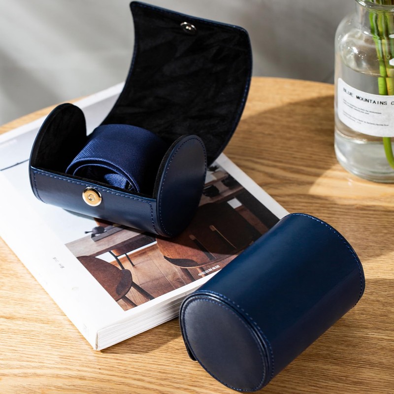Tie Box for Travel Men's PU Leather Blue Ties Case