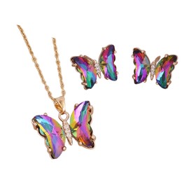 Pingyongchang Butterfly Necklace Earrings for Women Minimalist Cubic Zircons Gold Butterfly Pendant Earrings Necklace Cute Crystal Butterfly Jewelry Set for Women Gifts Jewelry-Color