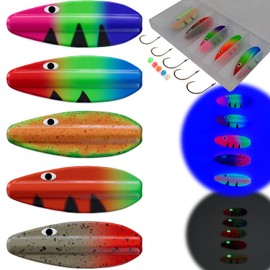 Njord Kalastus Continuous Indicator Set in Box 3.9 g Inline Spoon Trout UV Active and Self-Luminous 3D Eyes Continuous Indicator Trout Bait Inline Spoon Inline Spoons Trout (Set of 5)