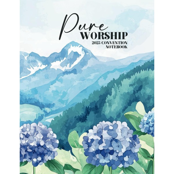 Pure Worship JW Convention 2025 notebook, pages with talk titles,