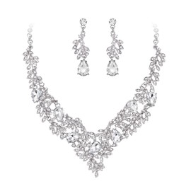 Ever Faith Women's Wedding Jewelry Sets Clear Rhinestone Crystal Floral Leaf Vine Teardrop Necklace Dangle Drop Earrings Set for Brides Bridal Silver-Tone