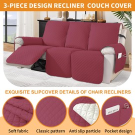 XINEAGE Water Resistant Recliner Cover, 3 Seat Sofa Covers with Pockets, Quilted Thick Protector Cover for Dog Pets with Non Slip Backing and Strap (Red)