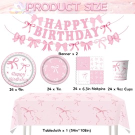 99PCS Pink Bow Birthday Decorations Supplies,Bow Party Decorations Include Bow Plates Napkins Cups Banner Tablecloth Tableware for Girl Women Pink Birthday Baby Shower Bachelorette Decoration,Serve 24