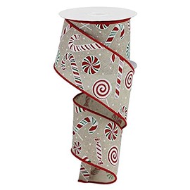 Candy Canes & Peppermints Wired Edge Ribbon, Light Natural Red Green - 2.5 Inches x Christmas, 10 Yards