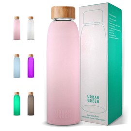 Glass Water Bottle with Protective Silicone Sleeve and Bamboo Lid Urban green, 18oz, 1extra 304 Stainless Steel Lid with Handle, BPA Free, Dishwasher Safe, Valentine Gift