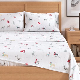 Great Bay Home Christmas Flannel Sheet Set King Size - 100% Turkish Cotton, Double-Brushed, Winter Bed Sheets - Ultra-Soft, Cozy, 4-Piece Christmas Bedding Set (Pups in The Snow)