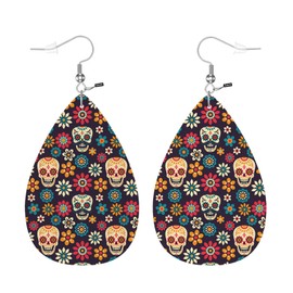 Zokola Leather Earrings For Women Day Of The Dead, Mexican Sugar Skulls And Flowers Dangle Earrings Eardrop Earrings For Teen Friends Teardrop Jewelry Earrings
