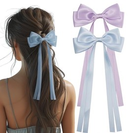 DRIPPYGOODS - Large Double Bow Ribbon Hair Clips for Women and Girls, 2 Pcs Pack - Blue Purple, Spring Coquette Barette Hair Clip Accessories