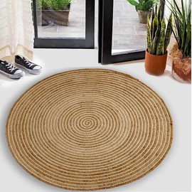 GRUHUM Handwoven 9ft Jute Area Rug Natural Fiber Cotton Round Boho Farmhouse Rustic Vintage Soft Braided Reversible Eco Friendly Rugs- Indoor Outdoor Kitchen Bedroom Living Room Hallways (9'ft Round)