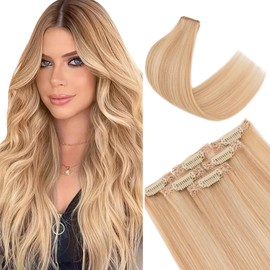TESS Clip-In Real Hair Extensions, 6 Pieces, 44 g, 6 Clip-In Hair Extensions, Remy Extensions, 50 cm, 18P613# Golden Blonde/Blonde Balayage