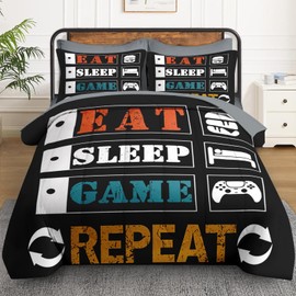 WeCozy 7 Pcs Full Size Comforter Set with 2 Pillowcases & 2 Shams, Colorful Game Gaming Bedding for Kids and Adults, Kids Eat Sleep Repeat Bed in a Bag with Flat Fitted Sheet
