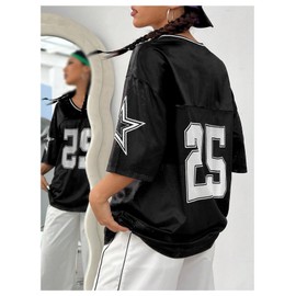 SOLY HUX Women's Y2k Baggy T-Shirts V Neck Half Sleeve Sportswear Tees Jersey Top Streetwear Black Letter X-Small