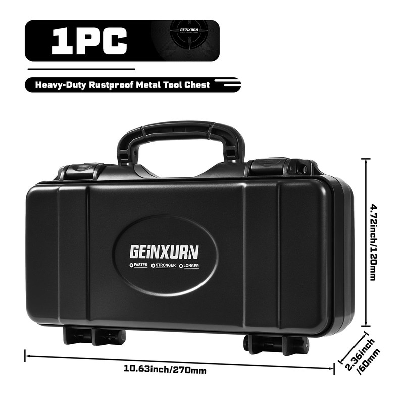 Geinxurn 11”Black Tools Box, Portable Steel Heavy-duty Tool Case with