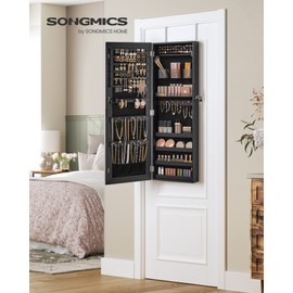 SONGMICS Mirror Jewelry Cabinet Armoire, Wall or Door Mounted Jewelry Storage, Hanging Lockable Frameless with 2 Plastic Cosmetic Organizers, Christmas Gift Idea, Black UJJC001B01