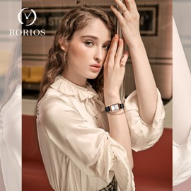 rorios Minimalist Rectangle Women's Watches Analogue Quartz Wrist Watch with Leather Strap Fashion Waterproof Watch for Women, White gold, Strap.