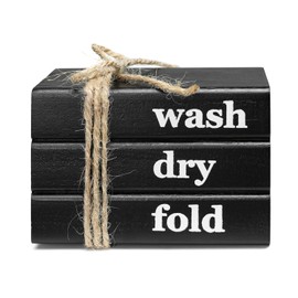 Mini Faux Book Stack, Wash-Dry-Fold Sign, Laundry Room Tiered Tray Decor, Wooden Home Decor, Black